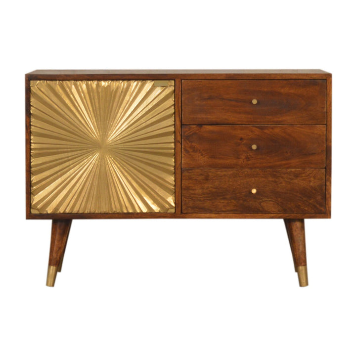 Chocolate Brown Gold Lacquered Solid Wood Manila Gold Sideboard with 3 Drawers & Brass Cabinet
