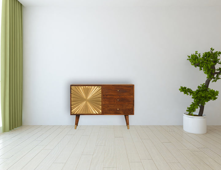 Chocolate Brown Gold Lacquered Solid Wood Manila Gold Sideboard with 3 Drawers & Brass Cabinet