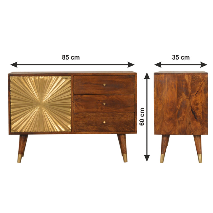 Chocolate Brown Gold Lacquered Solid Wood Manila Gold Sideboard with 3 Drawers & Brass Cabinet