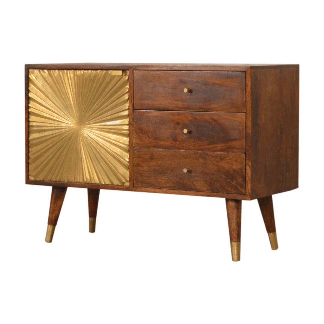 Chocolate Brown Gold Lacquered Solid Wood Manila Gold Sideboard with 3 Drawers & Brass Cabinet