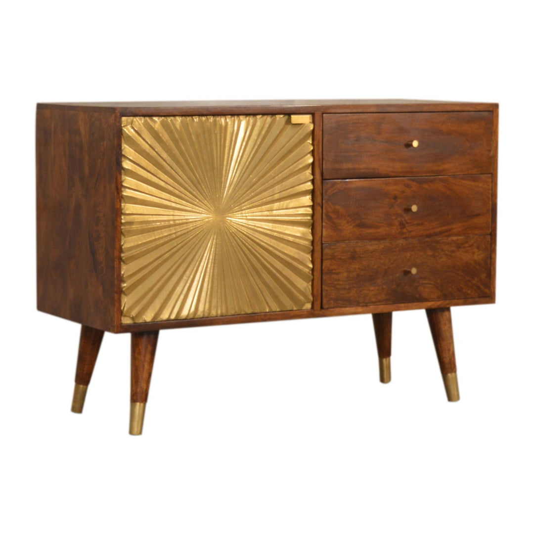 Chocolate Brown Gold Lacquered Solid Wood Manila Gold Sideboard with 3 Drawers & Brass Cabinet