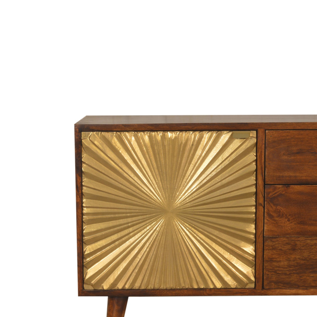 Chocolate Brown Gold Lacquered Solid Wood Manila Gold Sideboard with 3 Drawers & Brass Cabinet