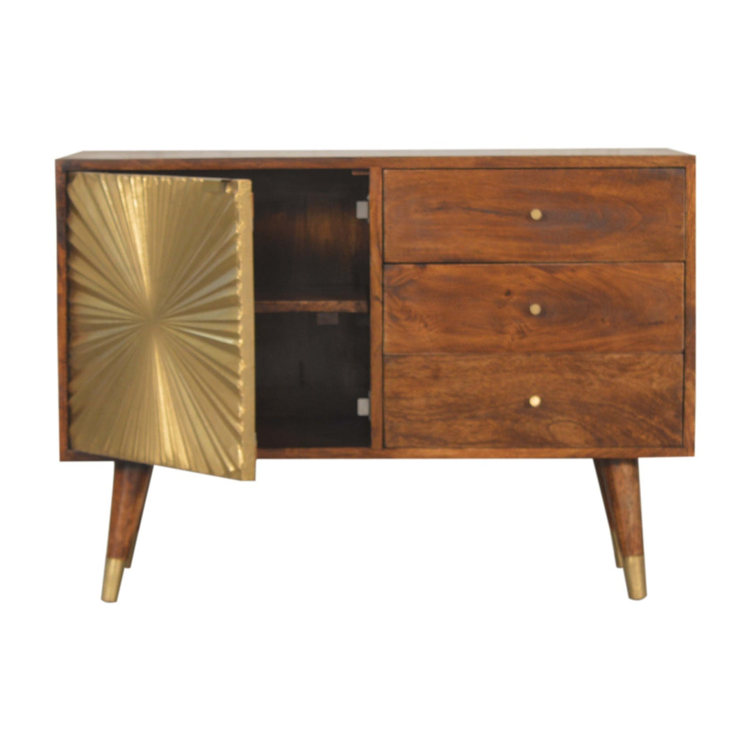 Chocolate Brown Gold Lacquered Solid Wood Manila Gold Sideboard with 3 Drawers & Brass Cabinet