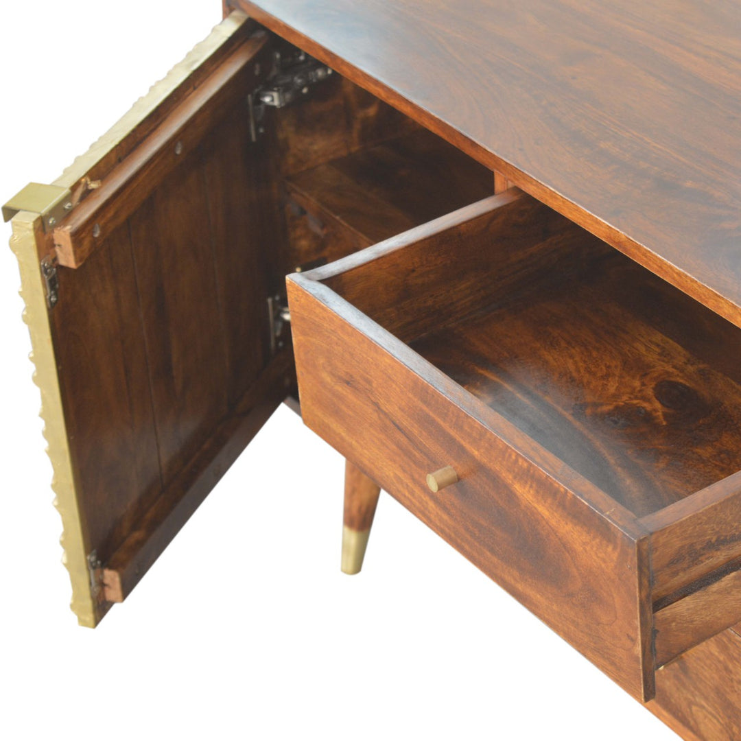 Chocolate Brown Gold Lacquered Solid Wood Manila Gold Sideboard with 3 Drawers & Brass Cabinet