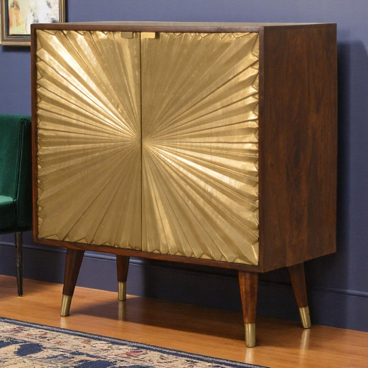Golden Brown Lacquered Solid Mango Wood Manila Gold Cabinet with 2 Interior Shelves