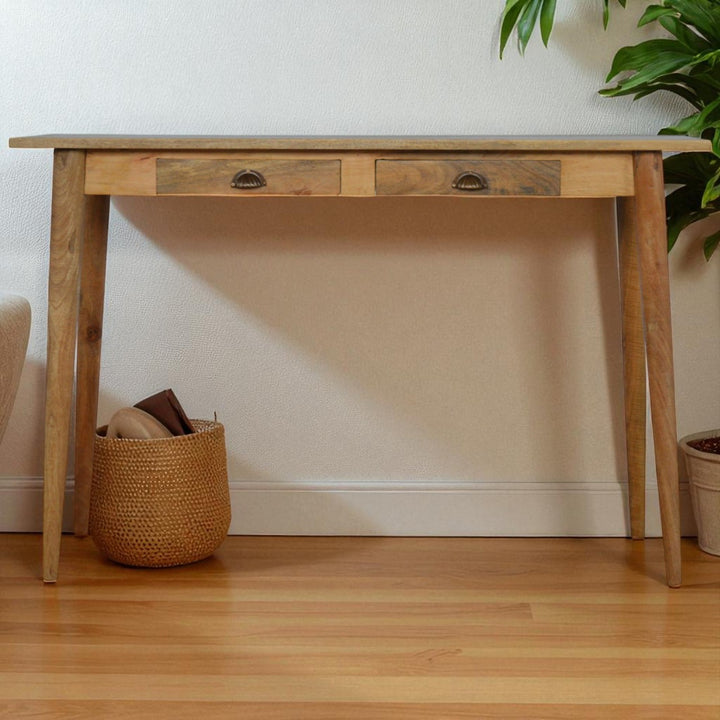 Beige Oak Veneer Solid Mango Wood Nordic Desk with 2 Drawers & Open Shelf