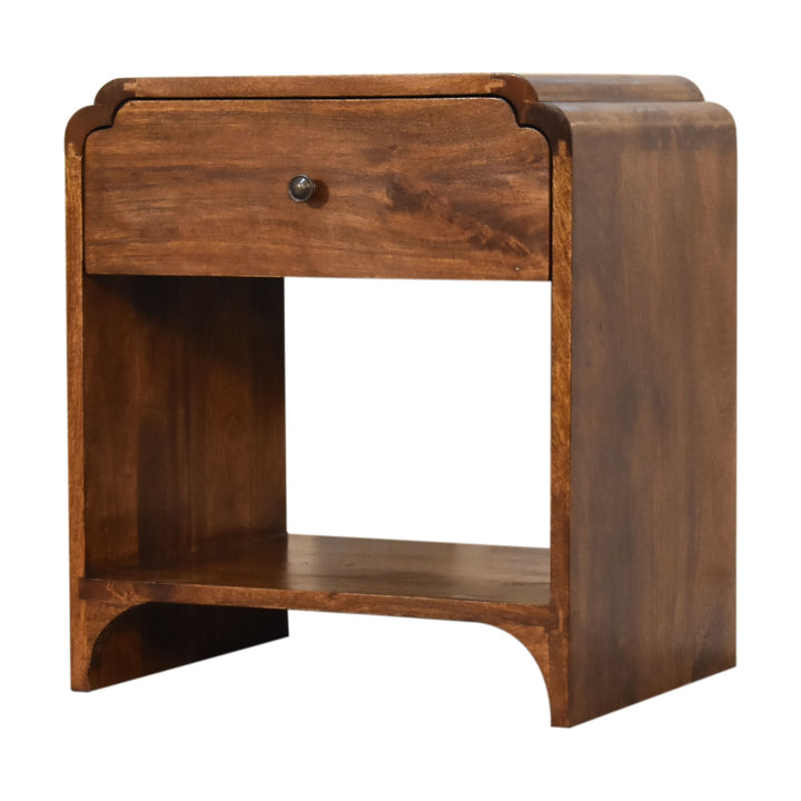 Brown Lacquered Chestnut Solid Mango Wood Newton Bedside Table with Spacious Drawer & Brass Knob