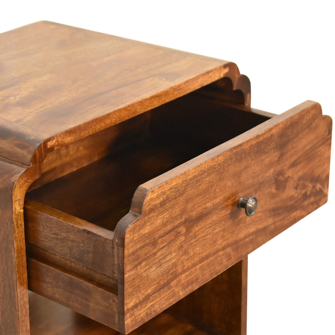 Brown Lacquered Chestnut Solid Mango Wood Newton Bedside Table with Spacious Drawer & Brass Knob
