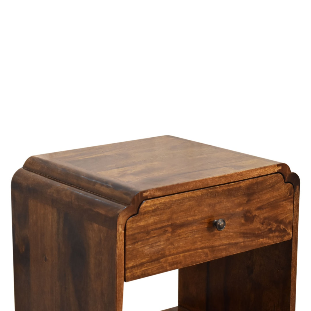 Brown Lacquered Chestnut Solid Mango Wood Newton Bedside Table with Spacious Drawer & Brass Knob