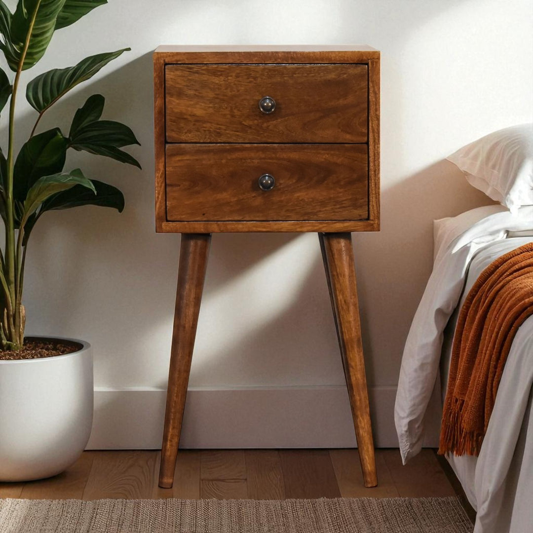 Brown Lacquered Light Oak Solid Mango Wood Mini Chestnut Bedside with 2 Drawers & Nordic Legs