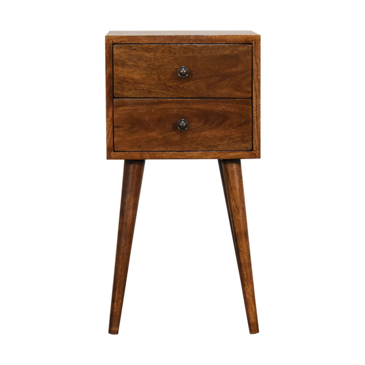 Brown Lacquered Light Oak Solid Mango Wood Mini Chestnut Bedside with 2 Drawers & Nordic Legs
