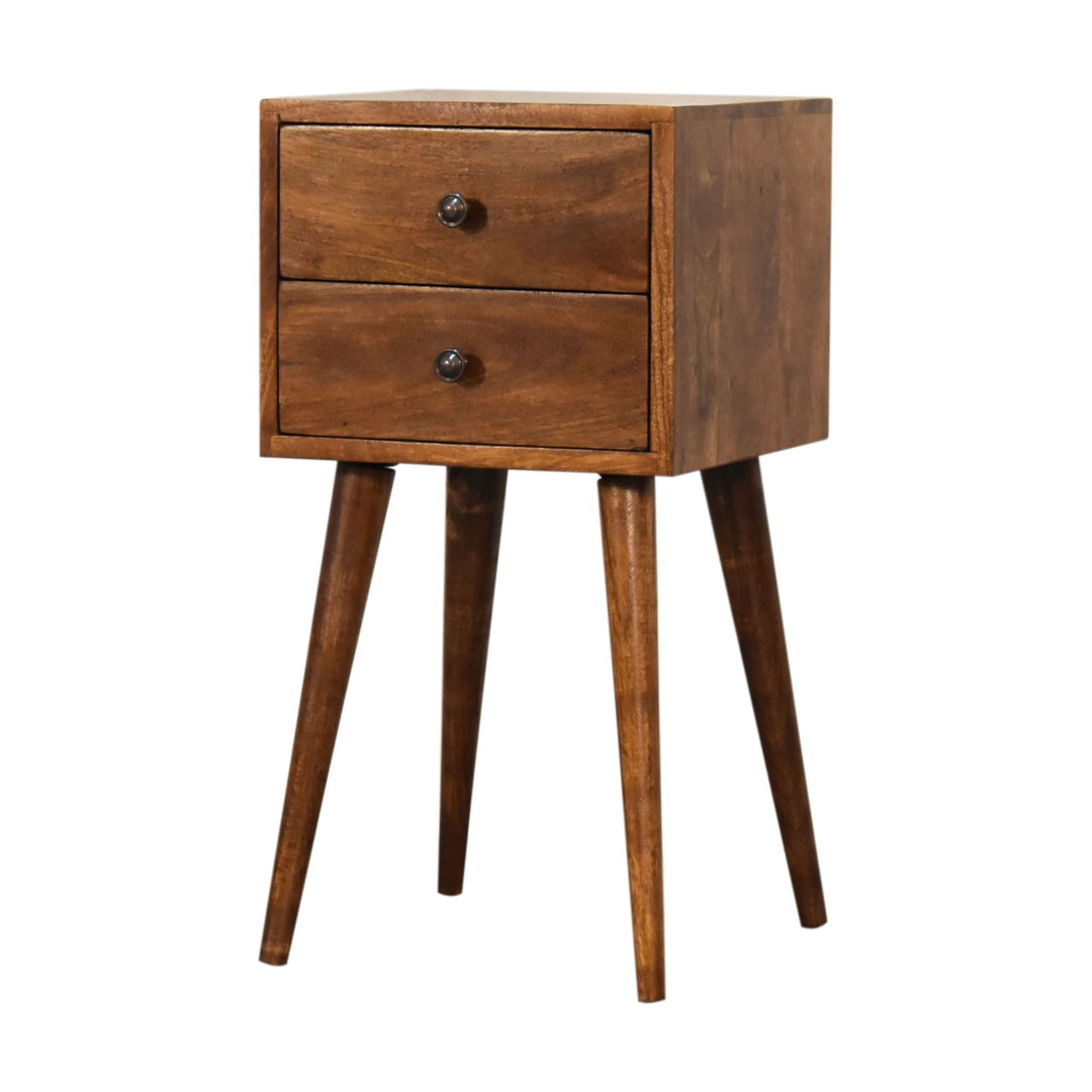 Brown Lacquered Light Oak Solid Mango Wood Mini Chestnut Bedside with 2 Drawers & Nordic Legs