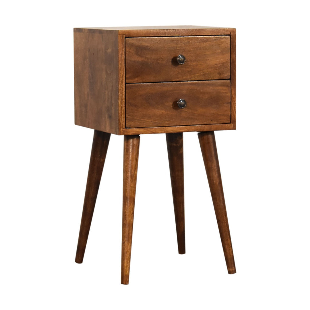 Brown Lacquered Light Oak Solid Mango Wood Mini Chestnut Bedside with 2 Drawers & Nordic Legs