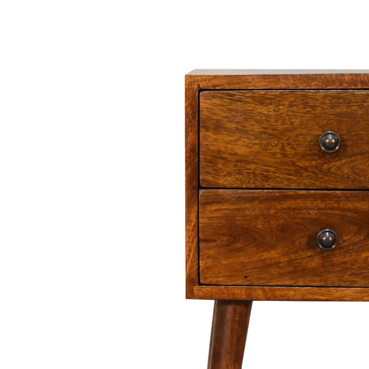 Brown Lacquered Light Oak Solid Mango Wood Mini Chestnut Bedside with 2 Drawers & Nordic Legs
