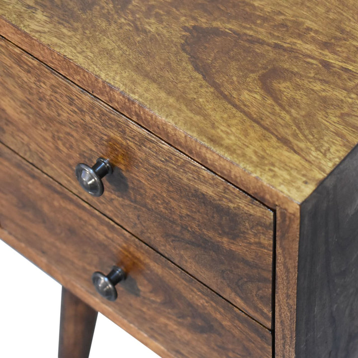 Brown Lacquered Light Oak Solid Mango Wood Mini Chestnut Bedside with 2 Drawers & Nordic Legs