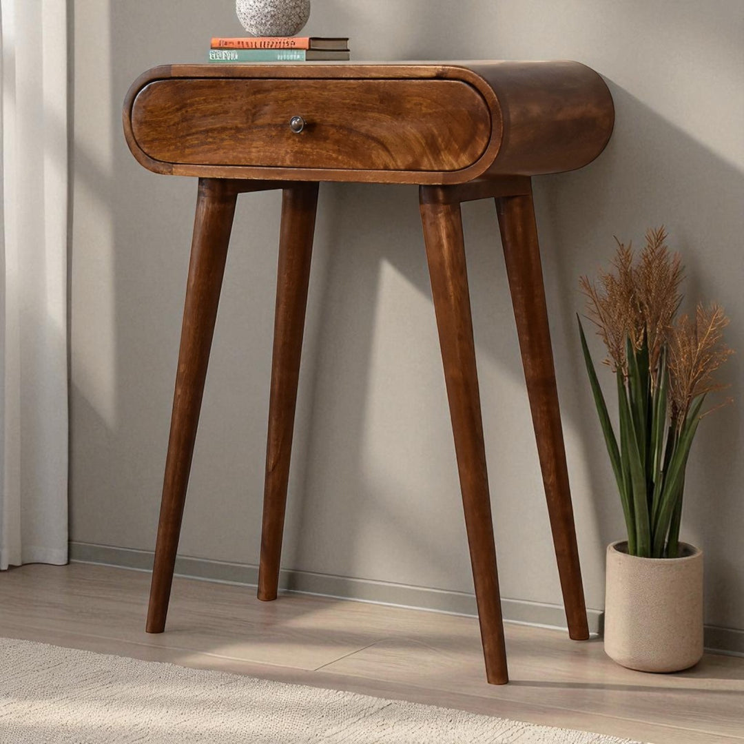 Solid Mango Wood Mini Round Console Table with 1 Drawer & Turned Legs | Chestnut Finish | 60 x 30 x 78 cm