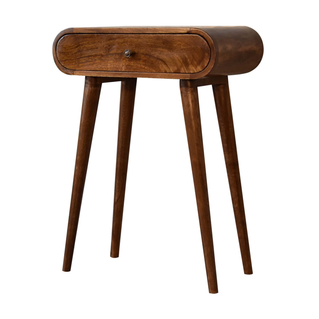Solid Mango Wood Mini Round Console Table with 1 Drawer & Turned Legs | Chestnut Finish | 60 x 30 x 78 cm