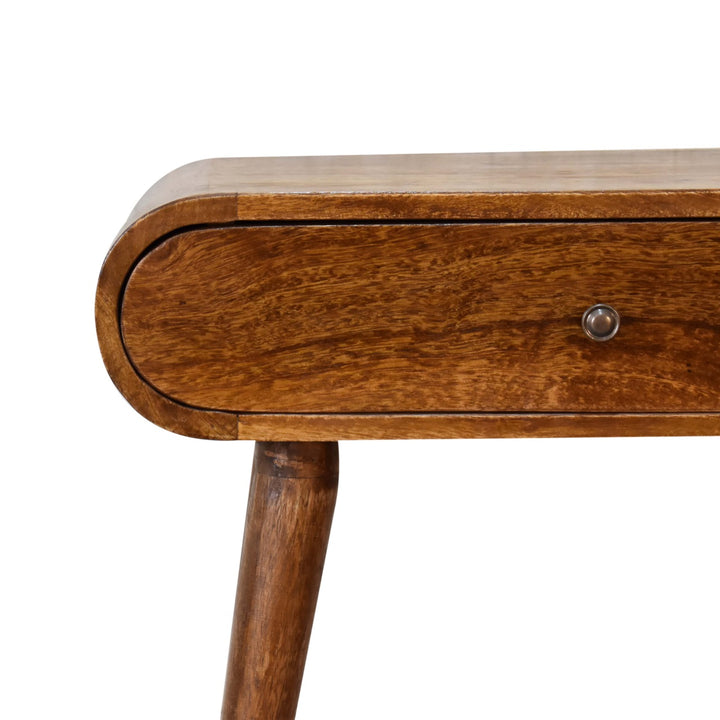 Solid Mango Wood Mini Round Console Table with 1 Drawer & Turned Legs | Chestnut Finish | 60 x 30 x 78 cm