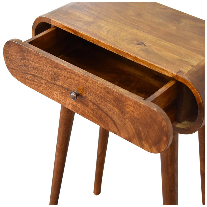 Solid Mango Wood Mini Round Console Table with 1 Drawer & Turned Legs | Chestnut Finish | 60 x 30 x 78 cm