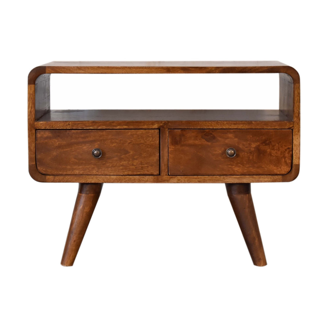 Brown Lacquered Acid Wash Solid Mango Wood Mini Curved Chestnut TV Stand with 2 Drawers & Open Shelf