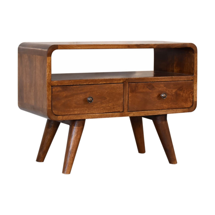 Brown Lacquered Acid Wash Solid Mango Wood Mini Curved Chestnut TV Stand with 2 Drawers & Open Shelf
