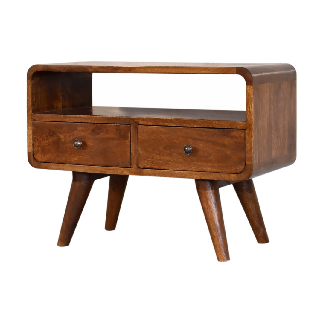 Brown Lacquered Acid Wash Solid Mango Wood Mini Curved Chestnut TV Stand with 2 Drawers & Open Shelf