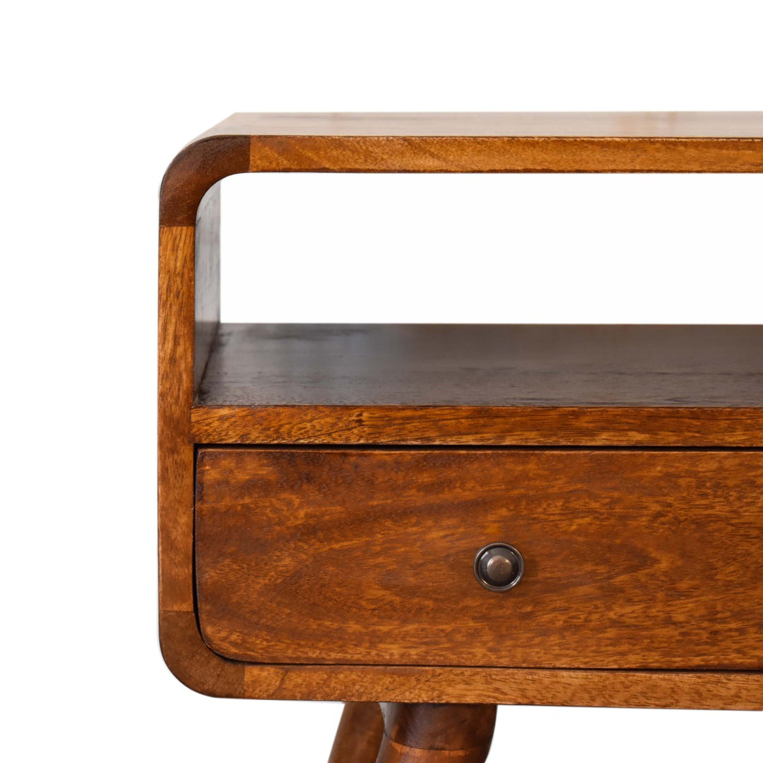 Brown Lacquered Acid Wash Solid Mango Wood Mini Curved Chestnut TV Stand with 2 Drawers & Open Shelf