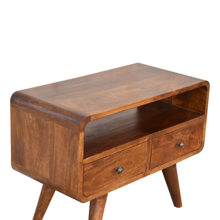 Brown Lacquered Acid Wash Solid Mango Wood Mini Curved Chestnut TV Stand with 2 Drawers & Open Shelf