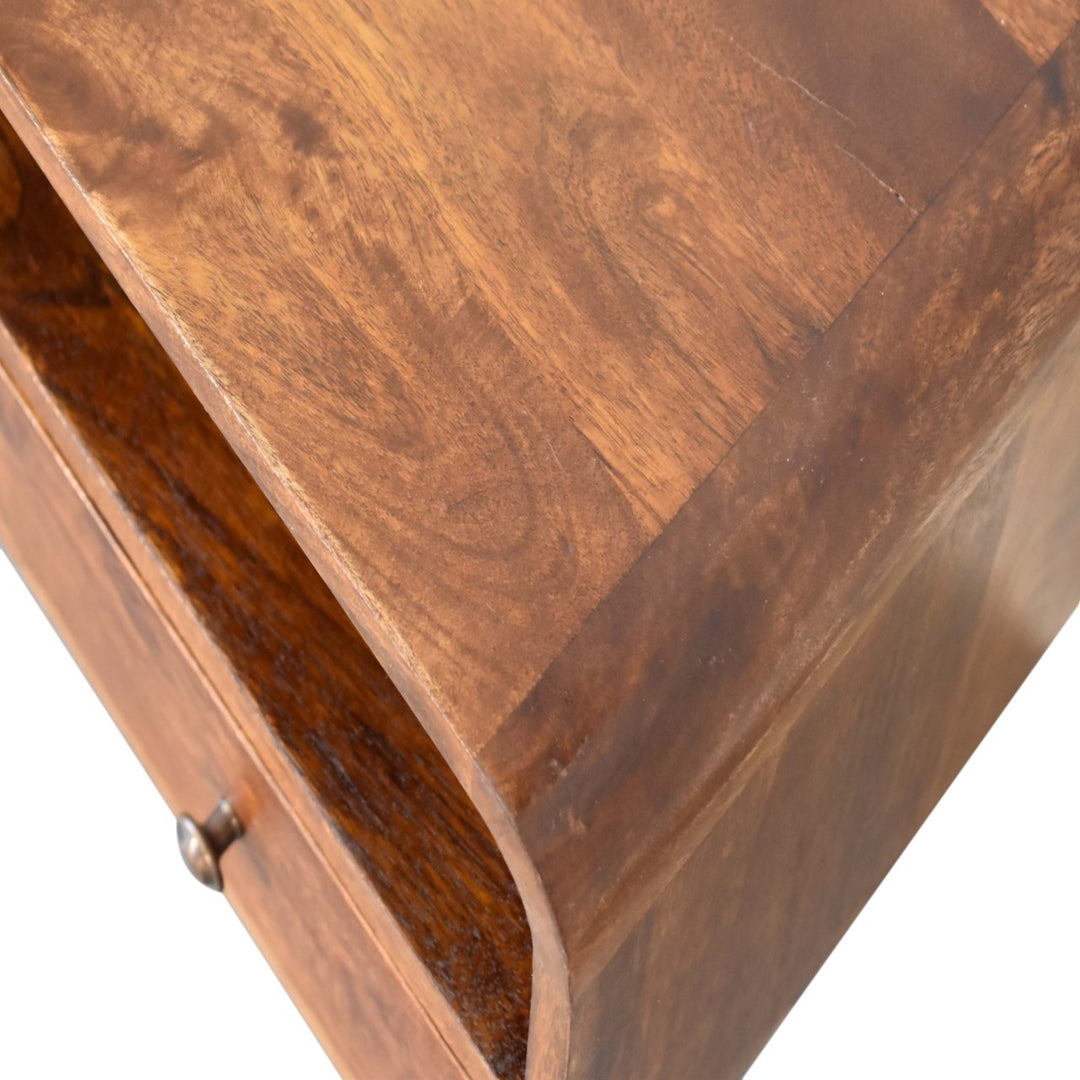 Brown Lacquered Acid Wash Solid Mango Wood Mini Curved Chestnut TV Stand with 2 Drawers & Open Shelf