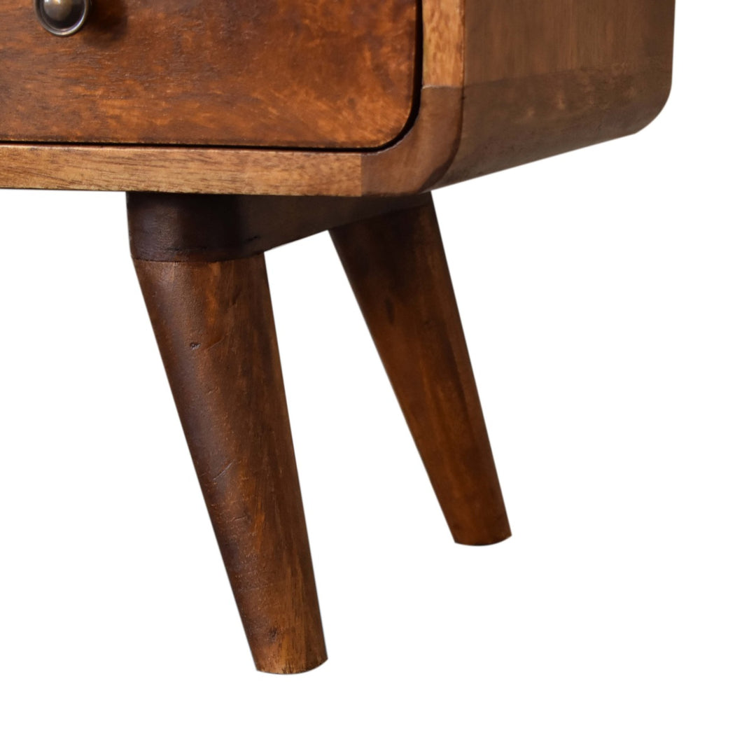 Brown Lacquered Acid Wash Solid Mango Wood Mini Curved Chestnut TV Stand with 2 Drawers & Open Shelf