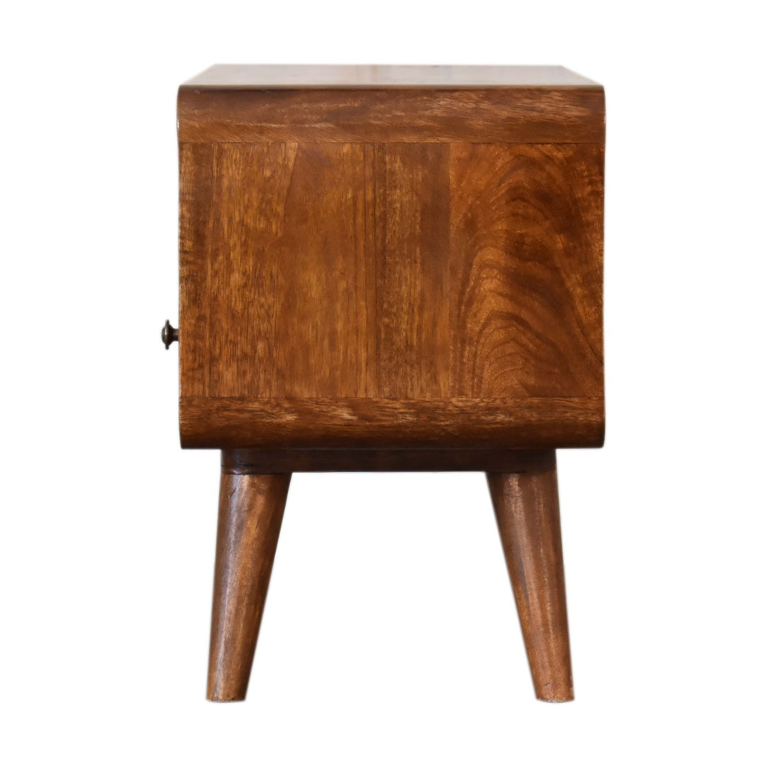 Brown Lacquered Acid Wash Solid Mango Wood Mini Curved Chestnut TV Stand with 2 Drawers & Open Shelf