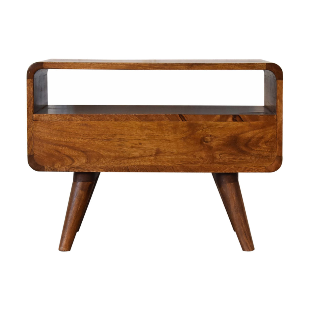 Brown Lacquered Acid Wash Solid Mango Wood Mini Curved Chestnut TV Stand with 2 Drawers & Open Shelf