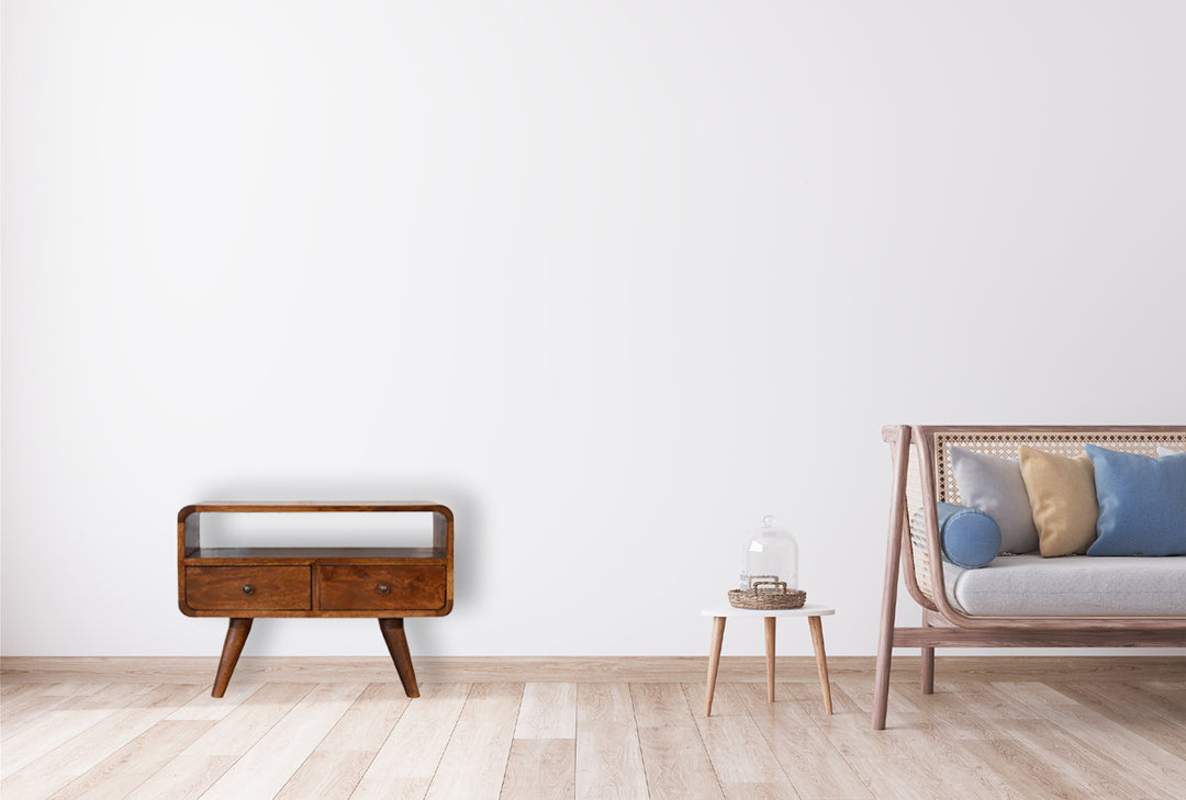 Brown Lacquered Acid Wash Solid Mango Wood Mini Curved Chestnut TV Stand with 2 Drawers & Open Shelf