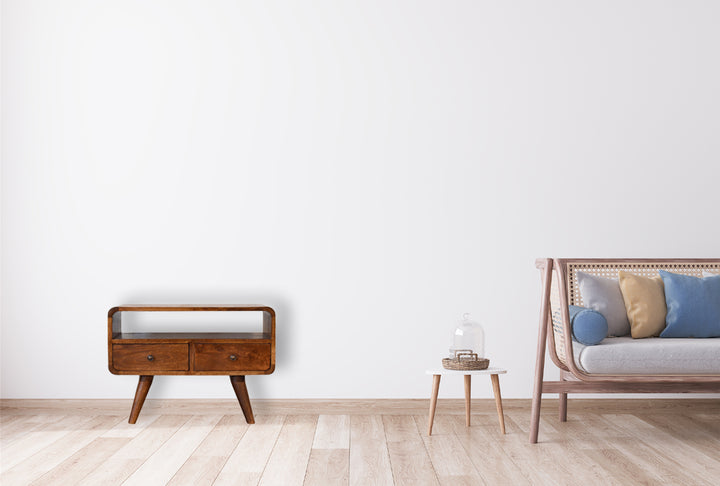 Brown Lacquered Acid Wash Solid Mango Wood Mini Curved Chestnut TV Stand with 2 Drawers & Open Shelf