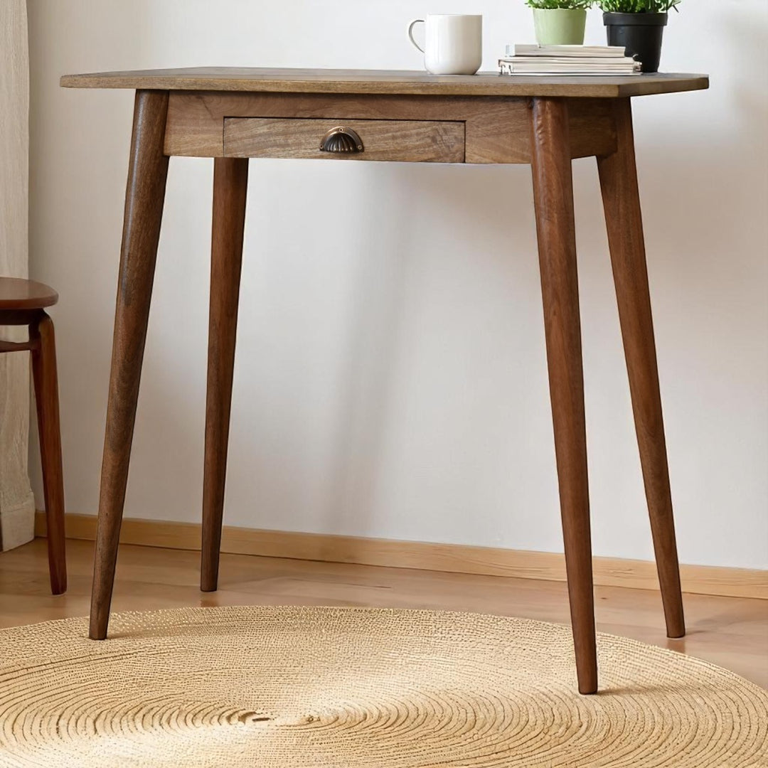 Beige Oak Veneer Solid Mango Wood Nordic Mini Writing Desk with 2 Drawers & Oak Stain