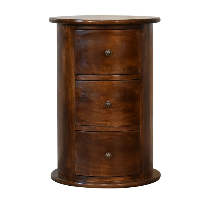 Brown Lacquered Mocha Solid Mango Wood 3-Drawer Drum Chest with Rattan Fronts & Brass Handles