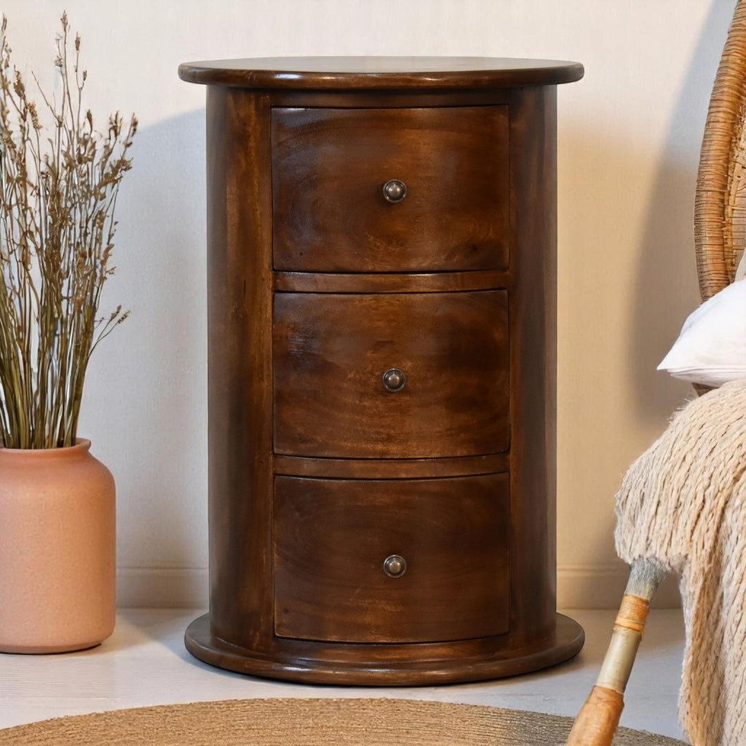 Brown Lacquered Mocha Solid Mango Wood 3-Drawer Drum Chest with Rattan Fronts & Brass Handles