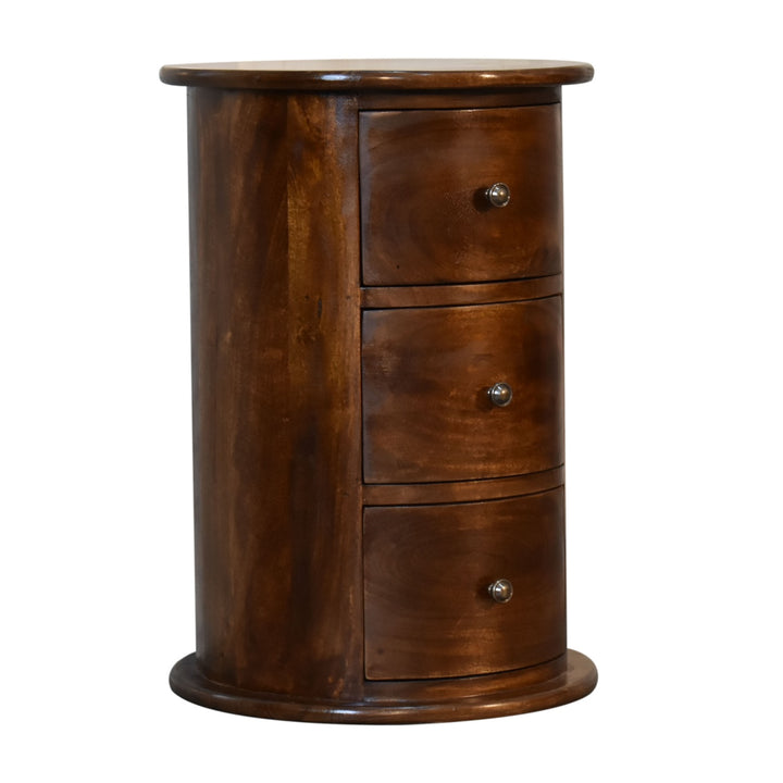 Brown Lacquered Mocha Solid Mango Wood 3-Drawer Drum Chest with Rattan Fronts & Brass Handles
