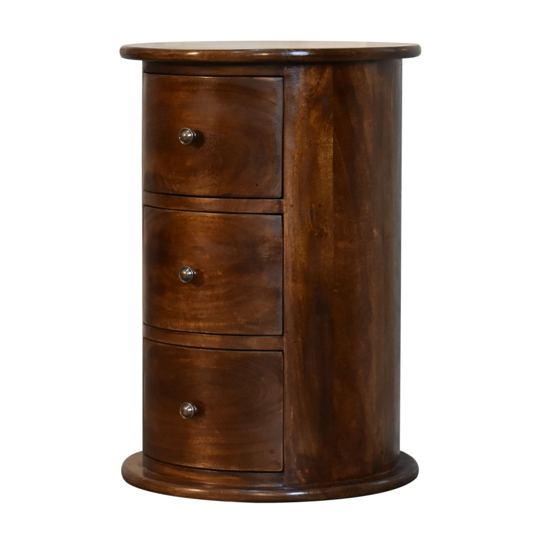 Brown Lacquered Mocha Solid Mango Wood 3-Drawer Drum Chest with Rattan Fronts & Brass Handles