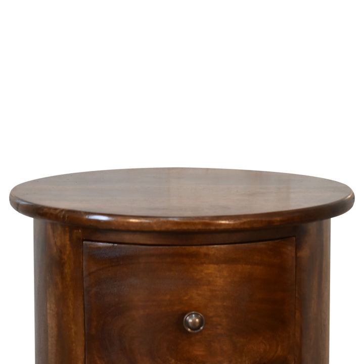 Brown Lacquered Mocha Solid Mango Wood 3-Drawer Drum Chest with Rattan Fronts & Brass Handles