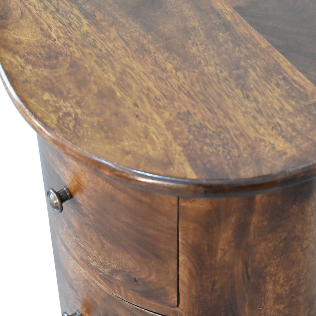 Brown Lacquered Mocha Solid Mango Wood 3-Drawer Drum Chest with Rattan Fronts & Brass Handles