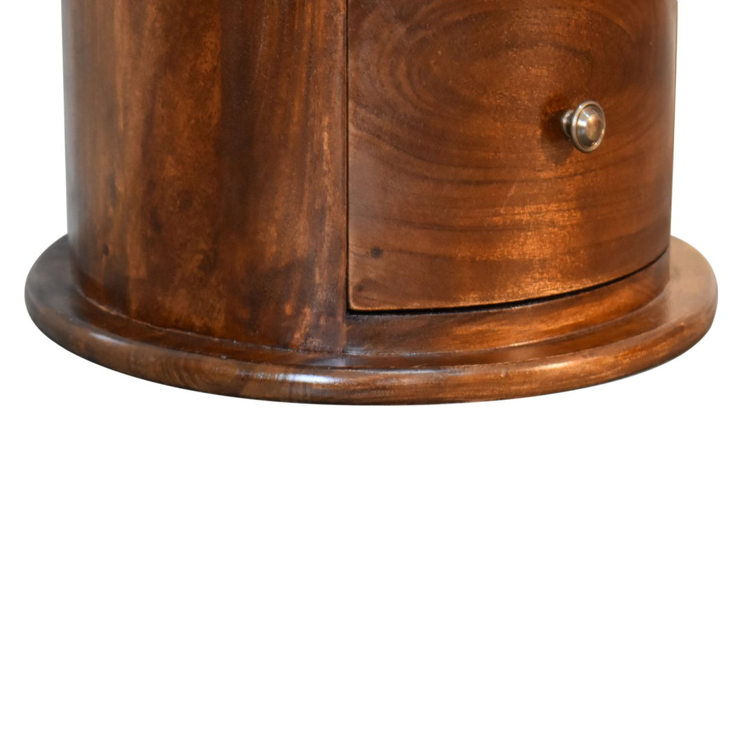 Brown Lacquered Mocha Solid Mango Wood 3-Drawer Drum Chest with Rattan Fronts & Brass Handles