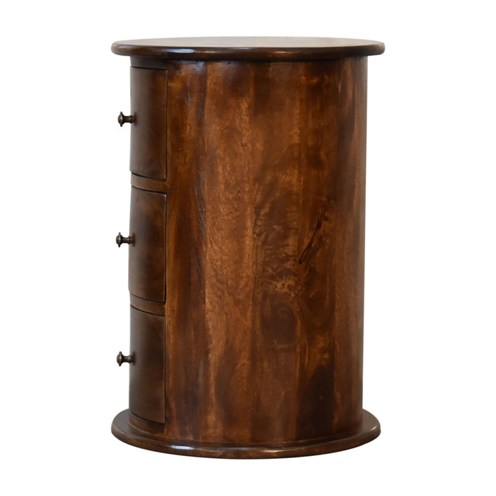Brown Lacquered Mocha Solid Mango Wood 3-Drawer Drum Chest with Rattan Fronts & Brass Handles
