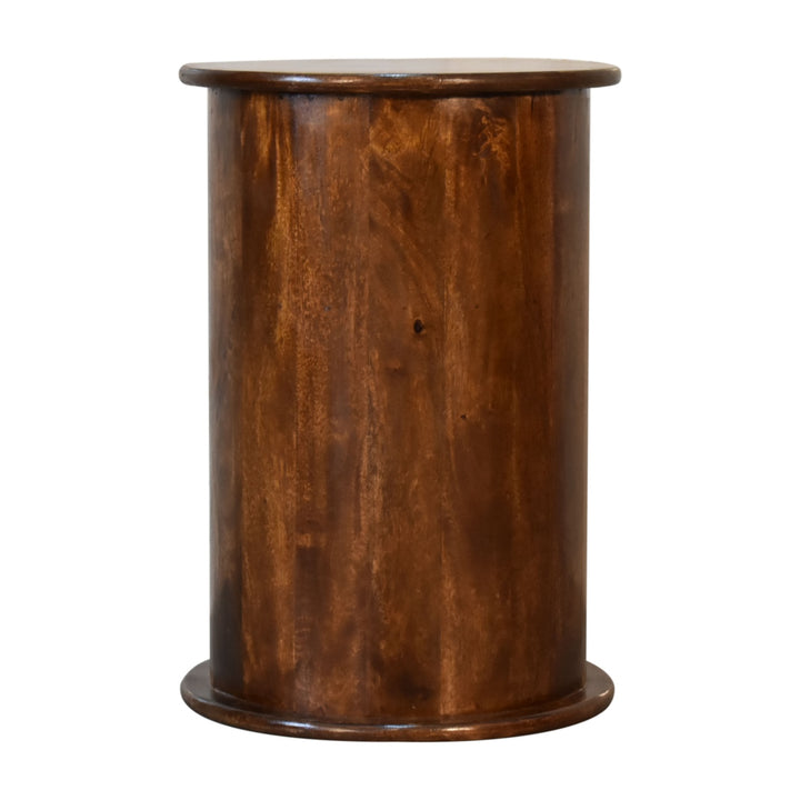 Brown Lacquered Mocha Solid Mango Wood 3-Drawer Drum Chest with Rattan Fronts & Brass Handles