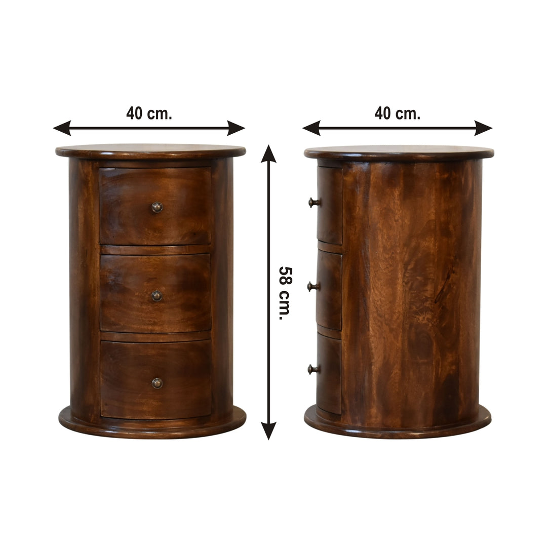 Brown Lacquered Mocha Solid Mango Wood 3-Drawer Drum Chest with Rattan Fronts & Brass Handles