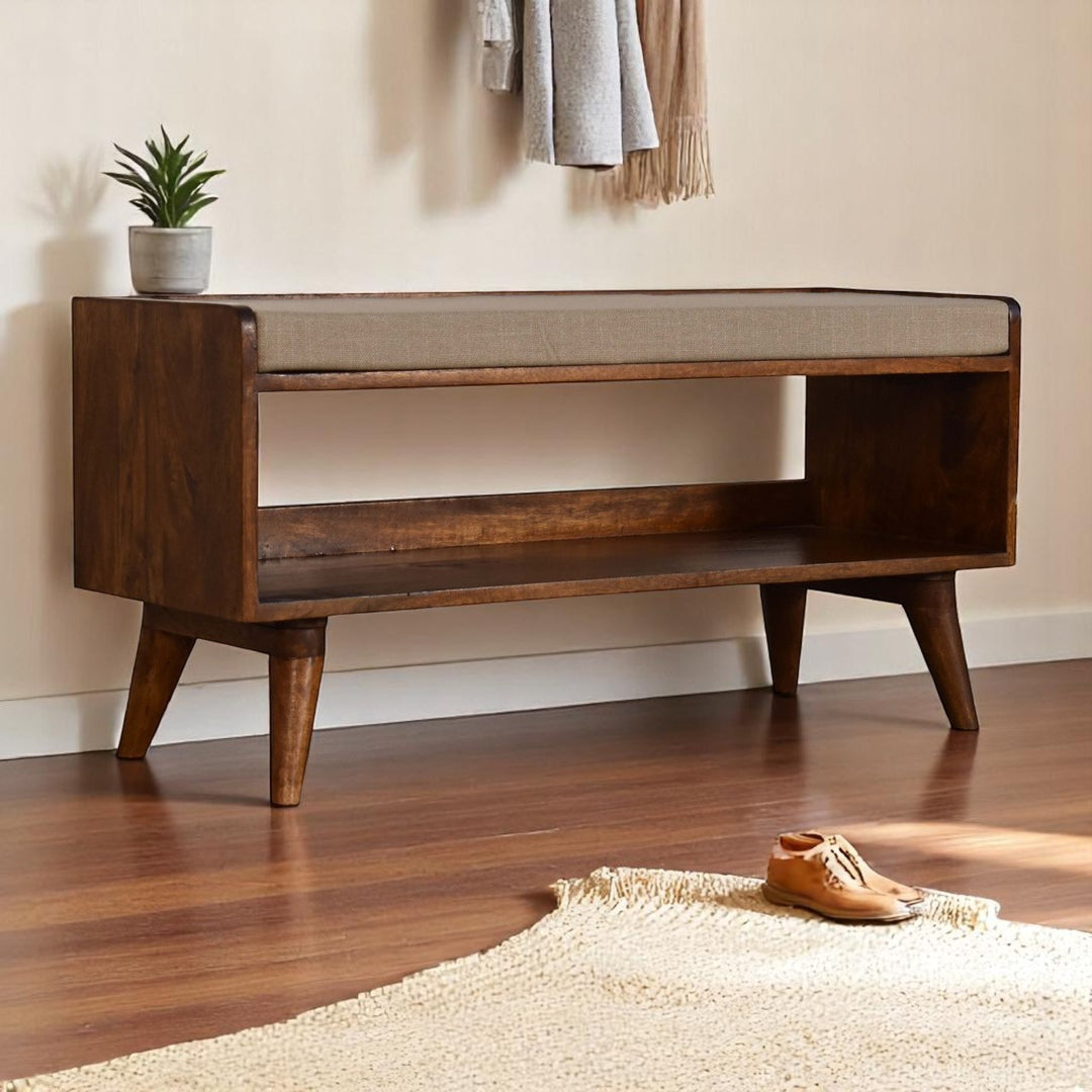 Brown Lacquered Acid Wash Solid Mango Wood 3-Drawer Nightstand Shoe Storage Bench