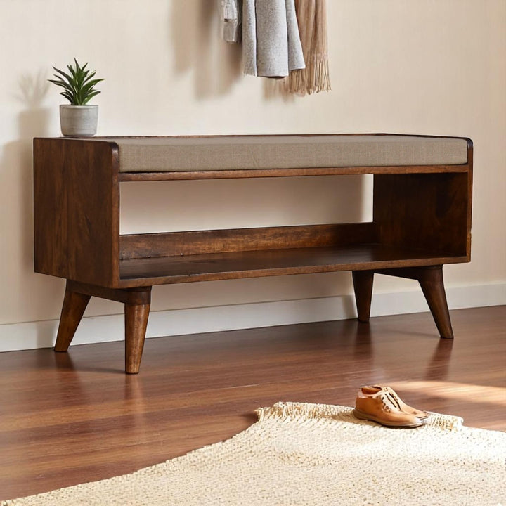 Brown Lacquered Acid Wash Solid Mango Wood 3-Drawer Nightstand Shoe Storage Bench