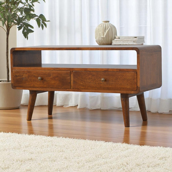 Solid Mango Wood Curved Chestnut Media Unit with 2 Drawers, Open Storage & Nordic Legs | Chestnut Finish | 90 x 35 x 47 cm