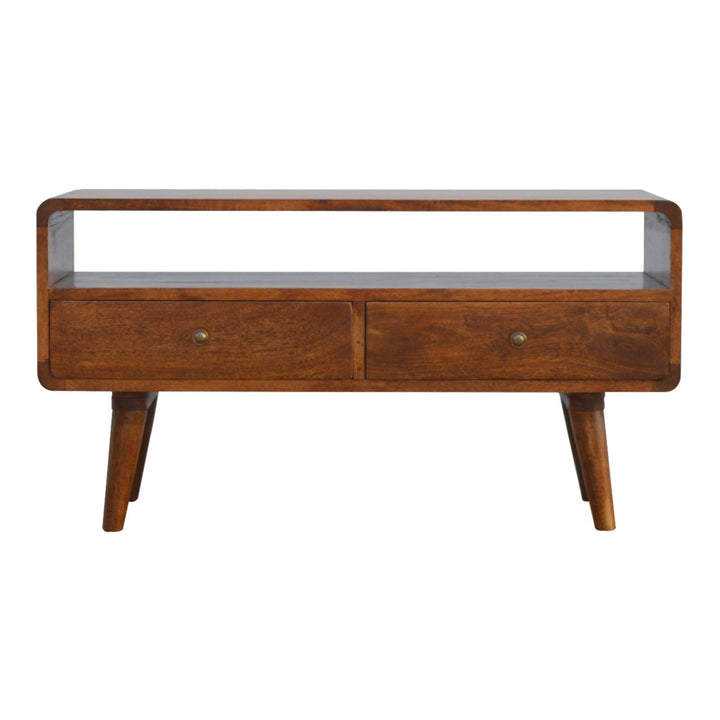 Solid Mango Wood Curved Chestnut Media Unit with 2 Drawers, Open Storage & Nordic Legs | Chestnut Finish | 90 x 35 x 47 cm