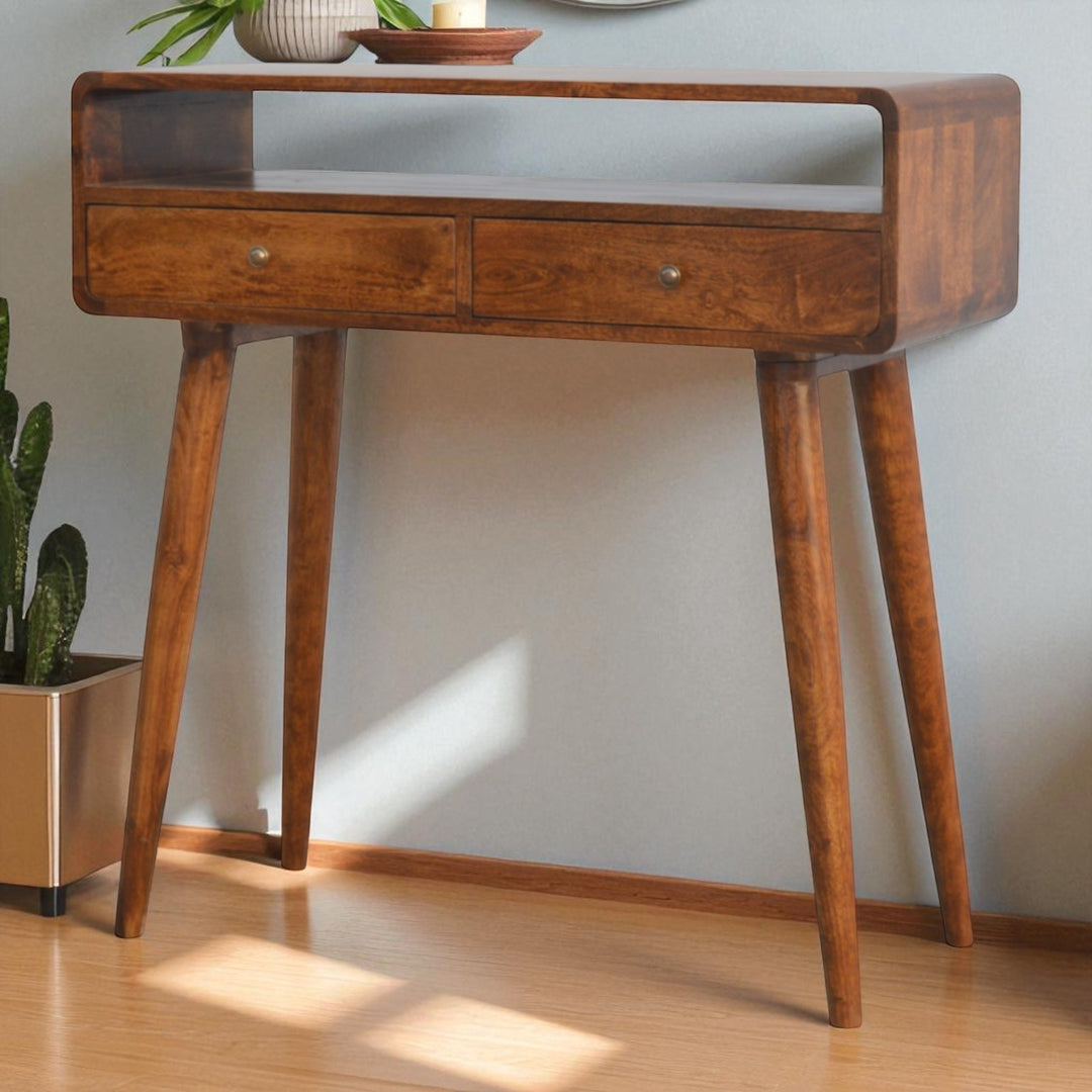Chocolate Brown Lacquered Oak-Finish Solid Mango Wood Curved Chestnut Console with Scandinavian Legs